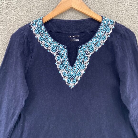Talbots Top Womens Medium Navy Cotton Embroidered 3/4 Sleeve Slub Knit Pullover - Picture 2 of 9